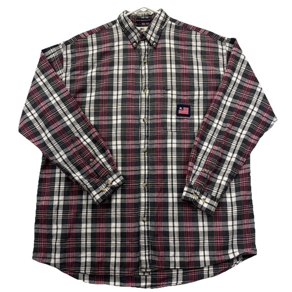 Polo jeans Ralph Lauren shirt Mens L  long sleeve‎ button-down Tartan plaid flag
